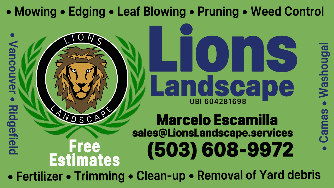 Lions Landscape Services business card with information about locations and services